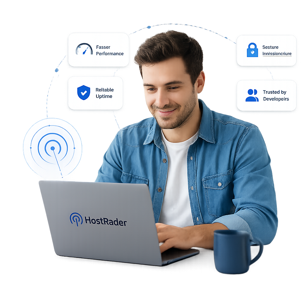 Developer using HostRadar hosting — faster performance, reliable uptime, secure infrastructure, trusted by developers