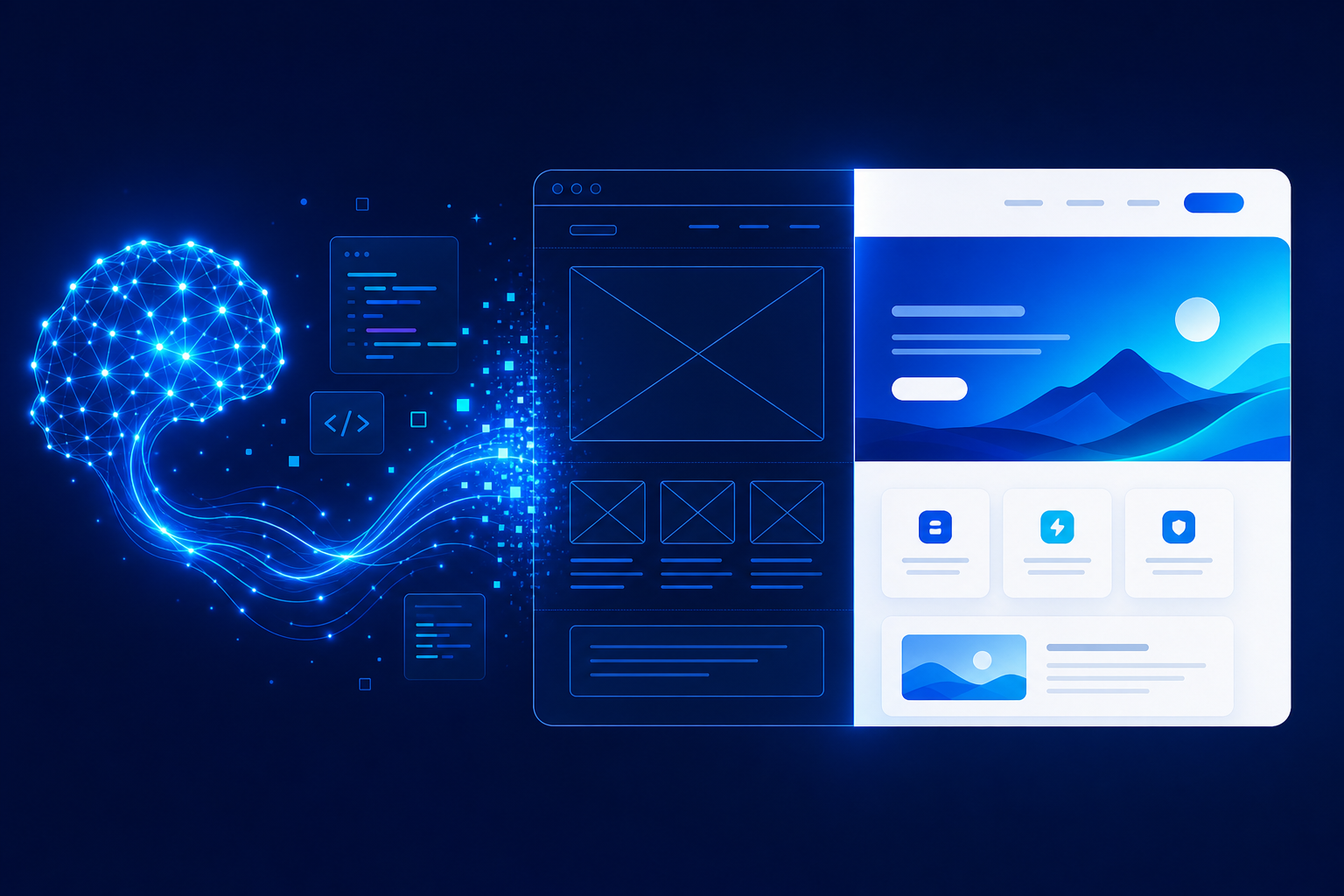 Abstract illustration of AI helping build a website from wireframe to live browser