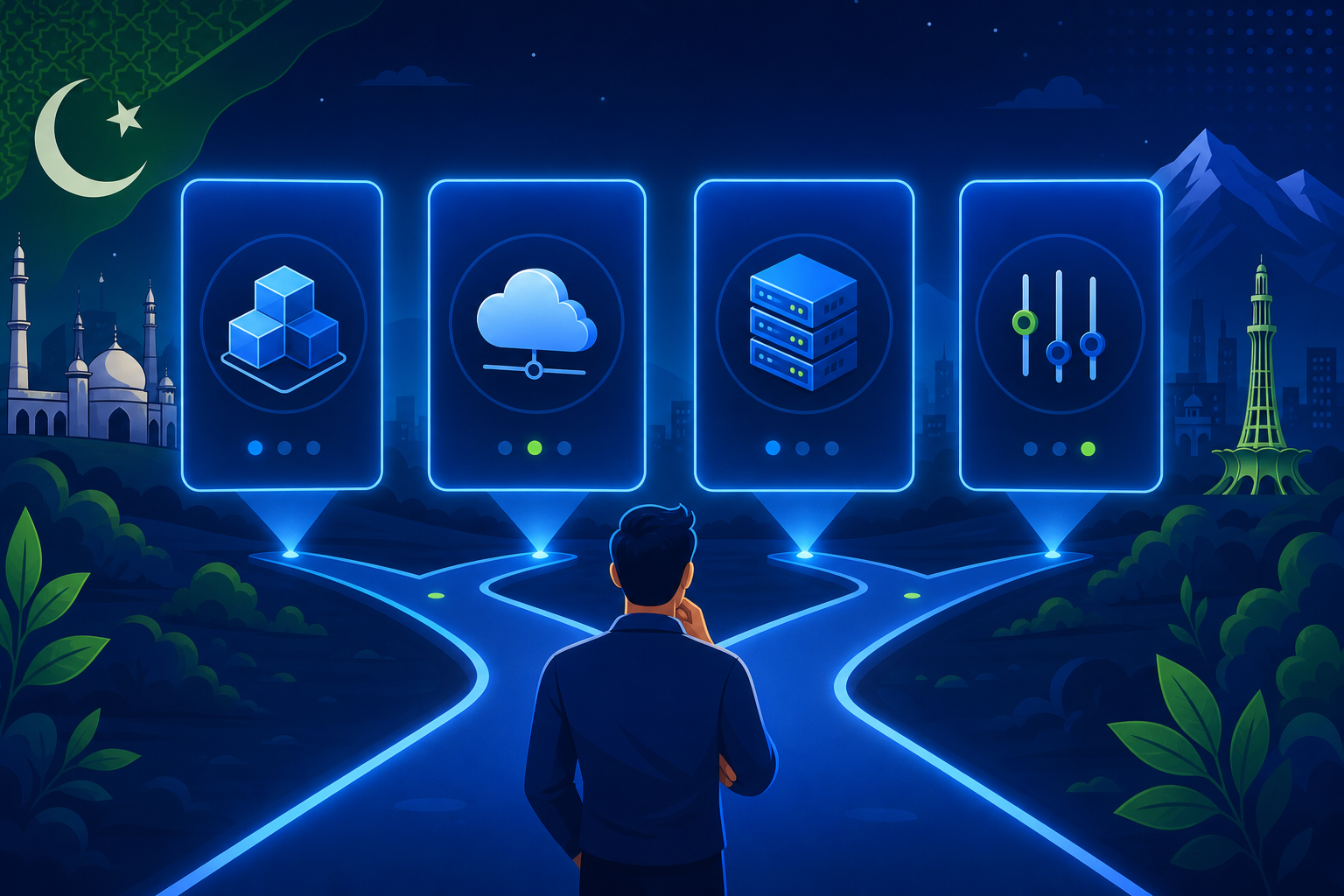 Abstract decision illustration for choosing shared, cloud, VPS, or custom hosting plans