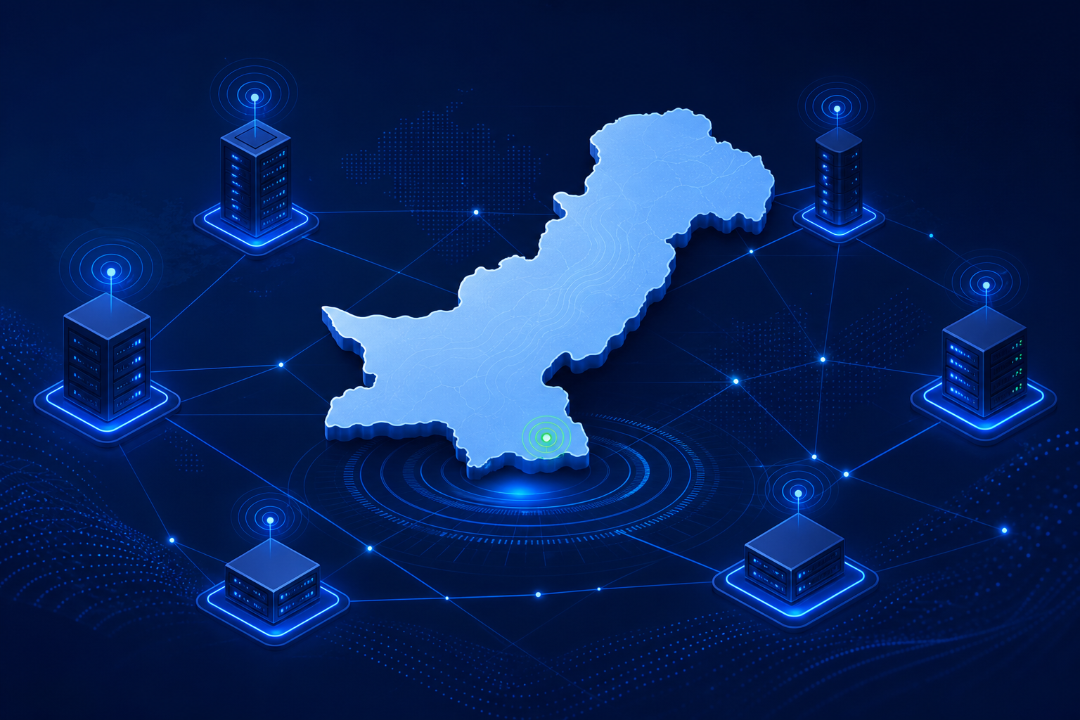 Pakistan map with connected hosting network nodes for choosing web hosting