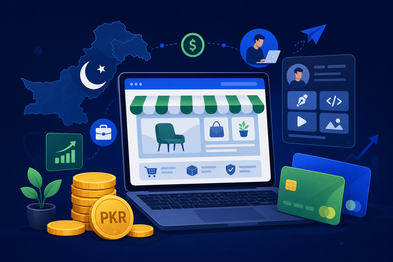 Illustration of earning online in Pakistan with a website, laptop storefront and payment icons