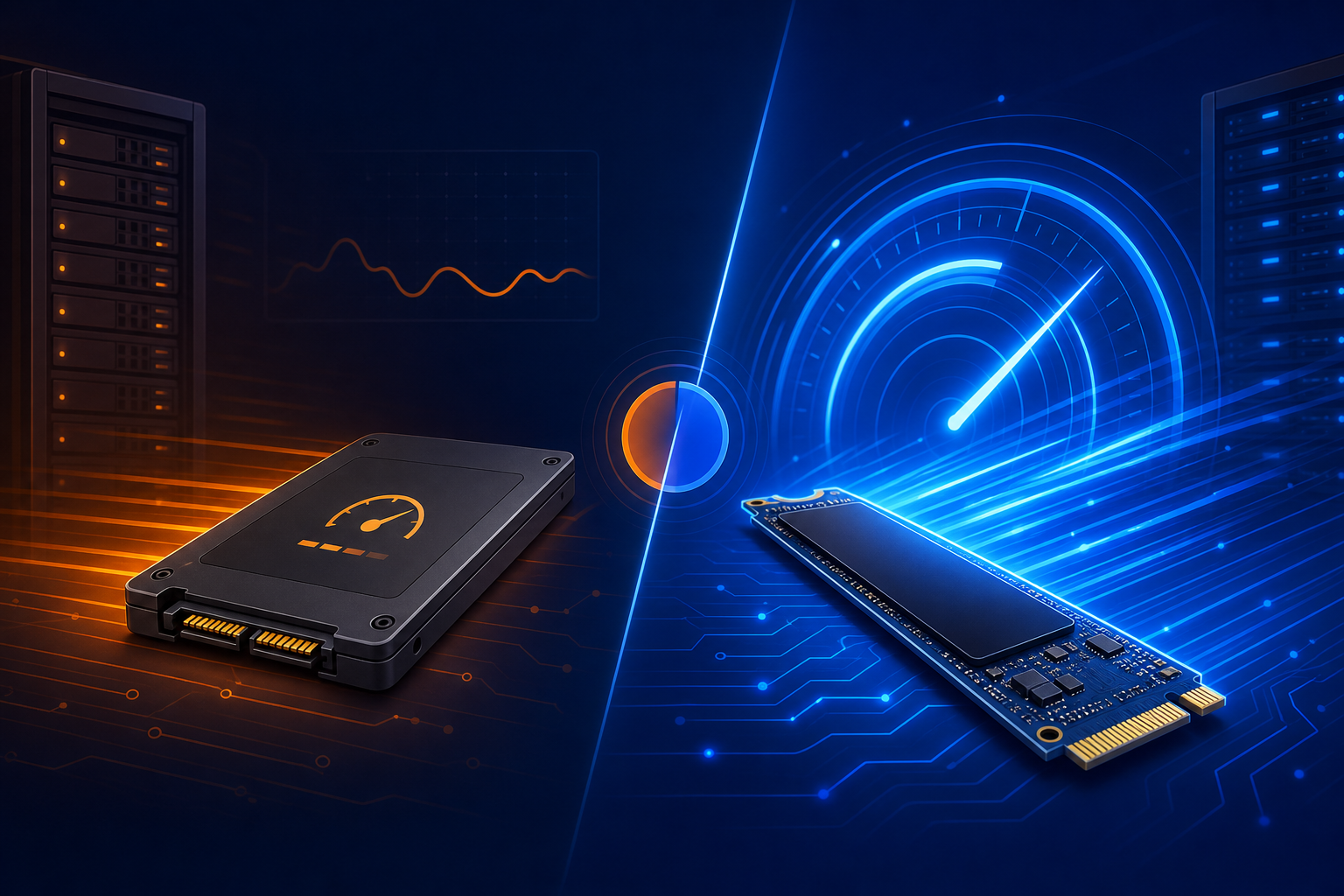 Comparison illustration of NVMe PCIe storage versus SATA SSD for web hosting