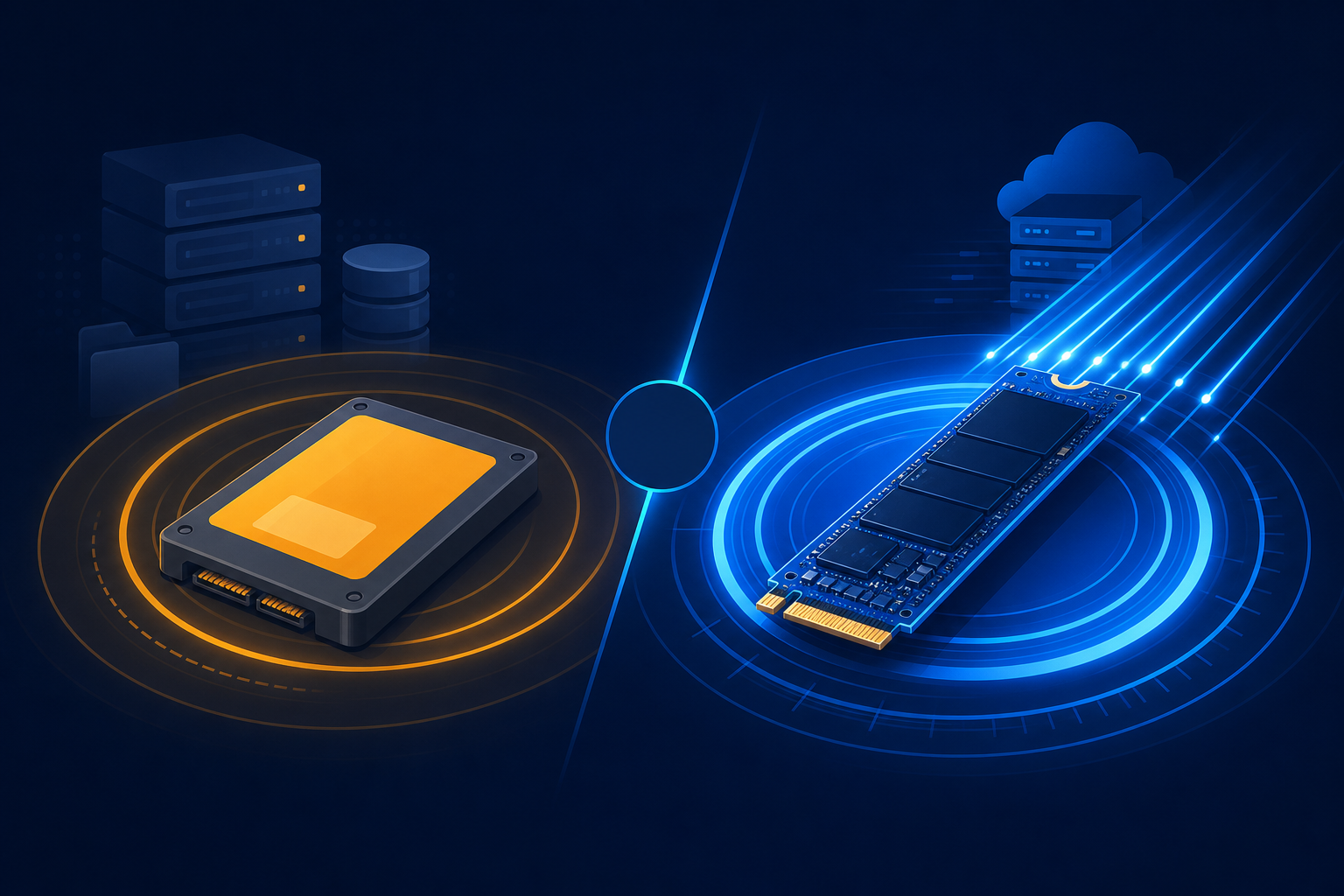Side-by-side illustration comparing SATA SSD and NVMe PCIe storage for web hosting