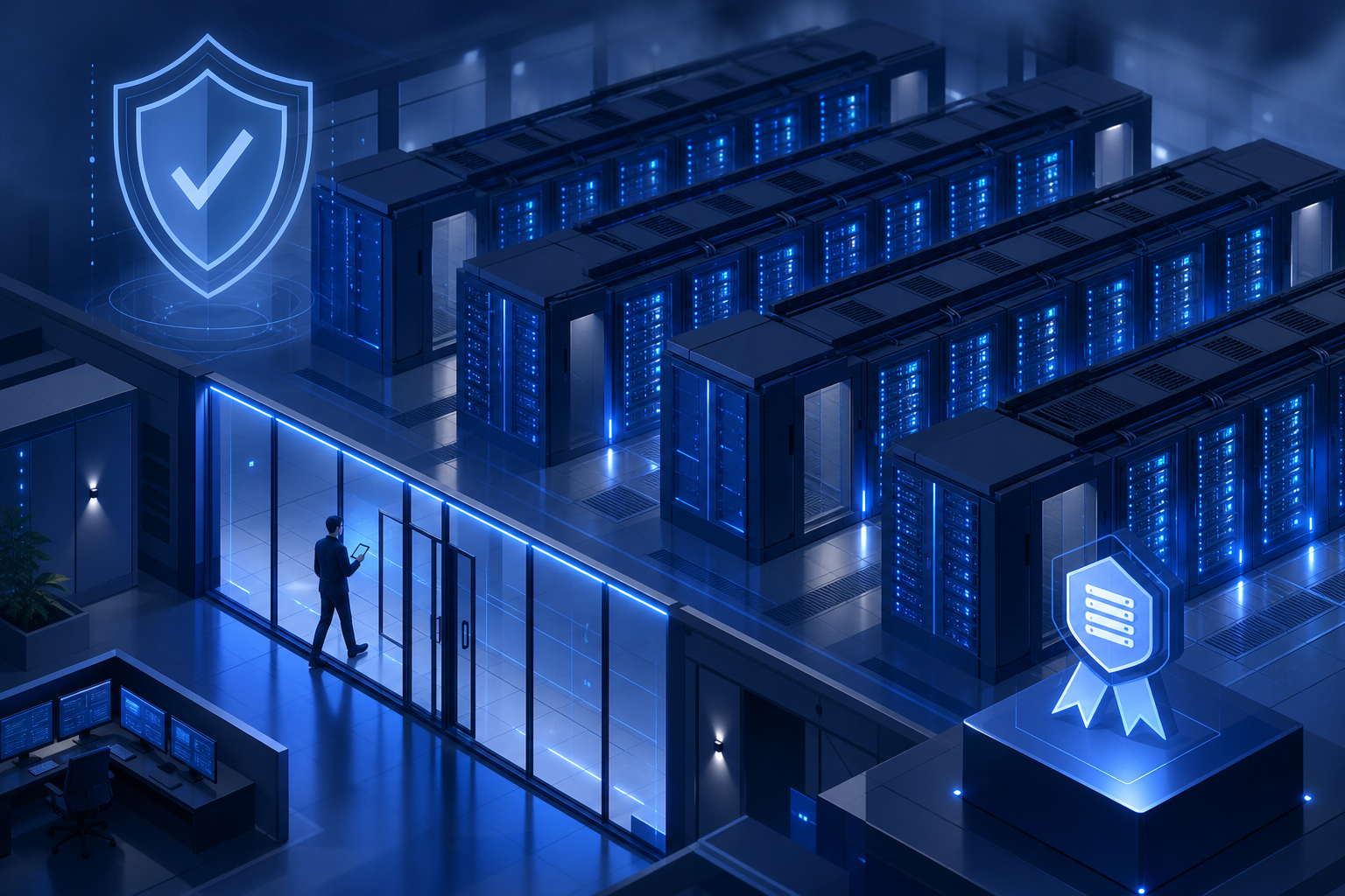 Tier-3 datacenter server hall with redundant infrastructure and compliance shield